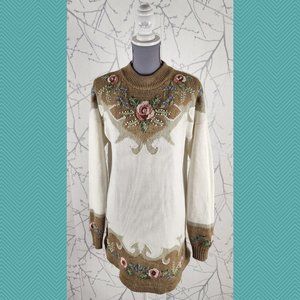 Dana Scott Beige Knit Floral Embroidered Crewneck Sweater Dress